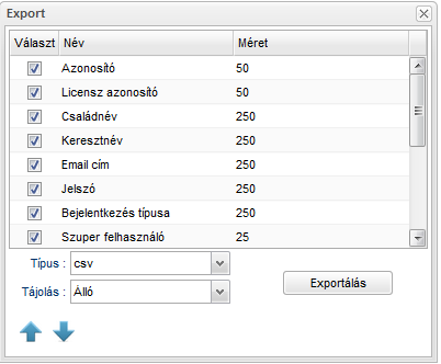 Exportálás képernyő