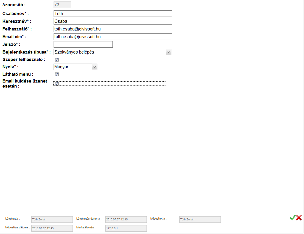 Módosítás képernyő